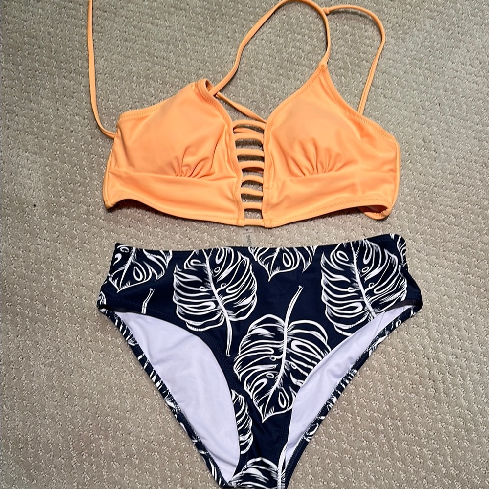 Light Orange Bikini Top and Leaf Print Bottom- CUPSHE